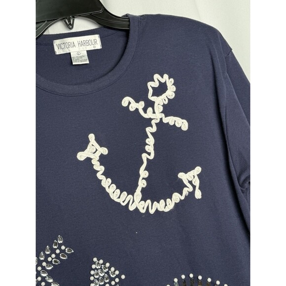 Vintage Victoria Harbour Embellished Nautical Anchor Navy Pullover Top Sz Large - Picture 4 of 6